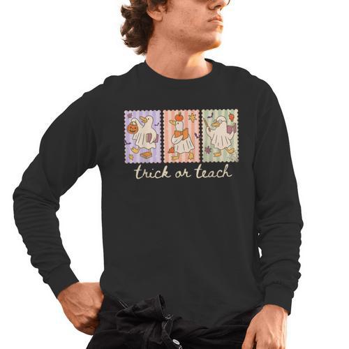 Preppy Goose Teacher Trick Or Teach Halloween Teacher Goose Men's Long Sleeve T-Shirt - teacherstshirts.com UK