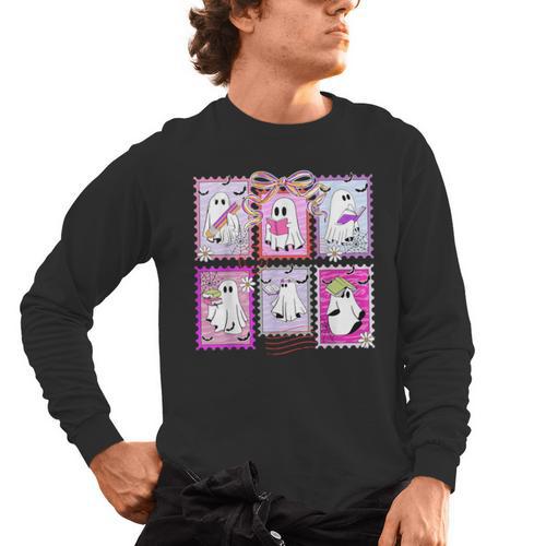 Preppy Spooky Teacher Halloween Ghost Coquette Bow Autumn Men's Long Sleeve T-Shirt - teacherstshirts.com DE