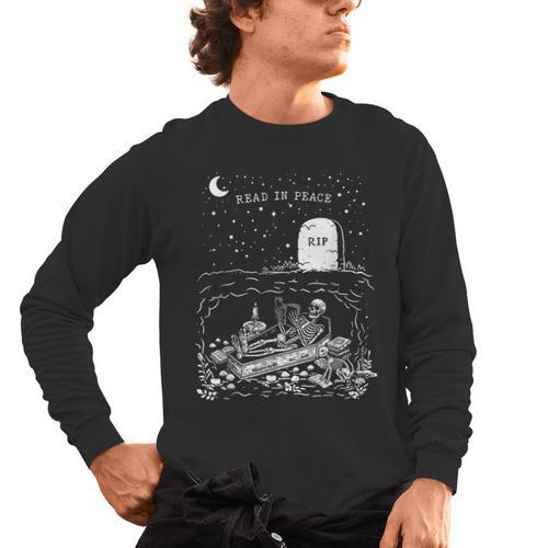 Read In Peace Skeleton Halloween Book Reading Spooky Teacher Men's Long Sleeve T-Shirt - teacherstshirts.com UK