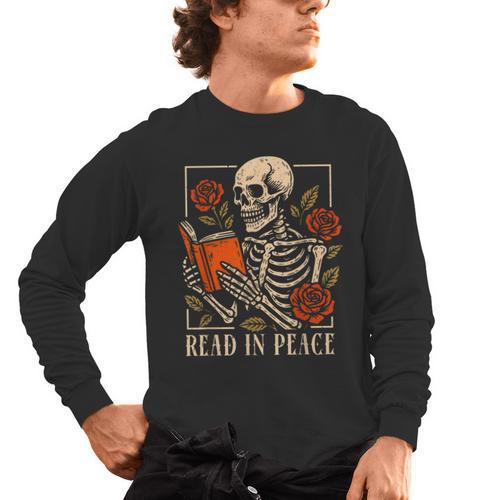 Read In Peace Skeleton Reading Book Halloween Teacher Men's Long Sleeve T-Shirt - teacherstshirts.com CA