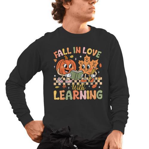 Retro Fall In Love With Learning Autumn Pumpkin Teacher Kids Men's Long Sleeve T-Shirt - teacherstshirts.com UK