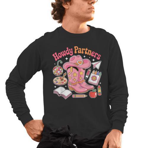 Retro Howdy Partners Cowgirl Cowboy Teacher Back To School Men's Long Sleeve T-Shirt - teacherstshirts.com AU