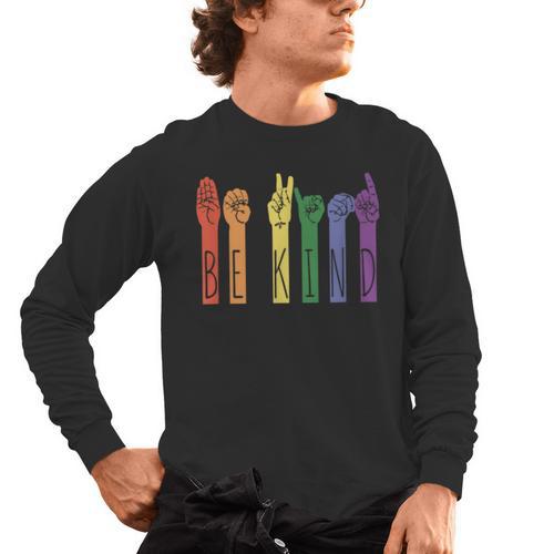 Retro Be Kind ASL Deaf Teacher Sign Language Gay Pride Men's Long Sleeve T-Shirt - teacherstshirts.com UK