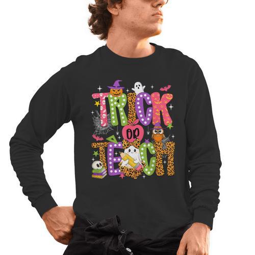 Retro Trick Or Teach Leopard Ghost Halloween Spooky Teacher Men's Long Sleeve T-Shirt - teacherstshirts.com DE