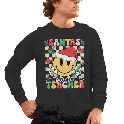 Santas Favorite Teacher Retro Groovy Smile Face Christmas Men's Long Sleeve T-Shirt - teacherstshirts.com DE