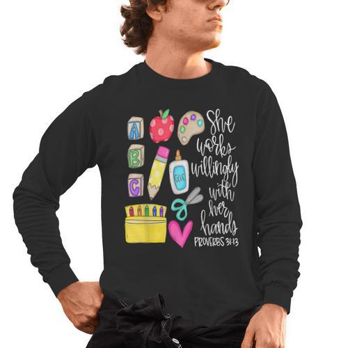 She Works Willingly With Her Hands Proverbs Daycare Teacher Men Women Men's Long Sleeve T-Shirt - teacherstshirts.com CA