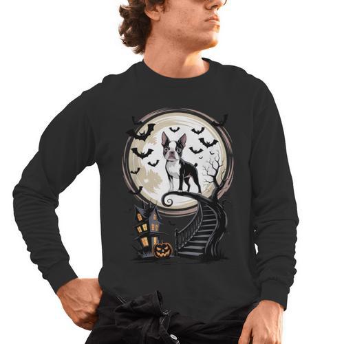 Spooky Halloween Moon Boston Terrier Boston Bull Bostie Men's Long Sleeve T-Shirt - Bostonterriersmerch.com AU