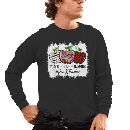 Teach Love Inspire Pre-k Teacher Apple Leopard Red Plain Men's Long Sleeve T-Shirt - teacherstshirts.com CA
