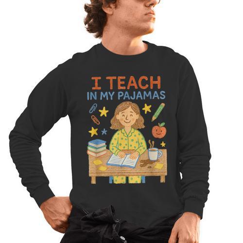 I Teach In My Pajamas Crayon Home School Teacher PJs Men's Long Sleeve T-Shirt - teacherstshirts.com UK