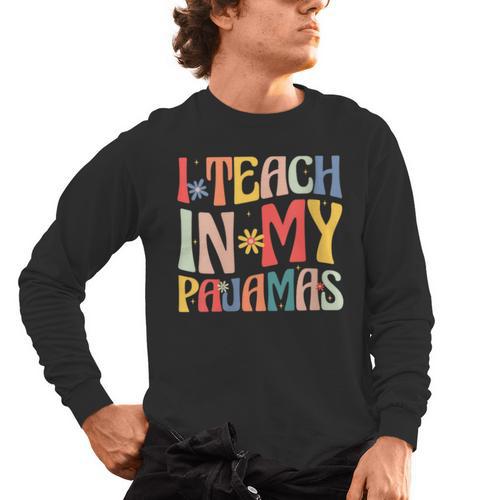 I Teach In My Pajamas Retro Groovy Teacher Humor Men's Long Sleeve T-Shirt - teacherstshirts.com UK