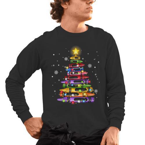 Teacher Crayon Christmas Tree Lights Student School Xmas Men's Long Sleeve T-Shirt - teacherstshirts.com UK
