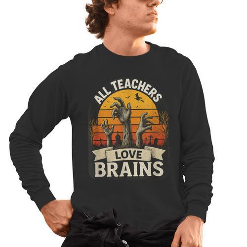 Teacher All Teachers Love Brains Halloween Men's Long Sleeve T-Shirt - teacherstshirts.com CA