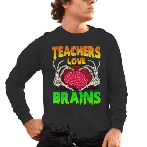Teacher Teachers Love Brains Skeleton Hand Heart Halloween Men's Long Sleeve T-Shirt - teacherstshirts.com AU