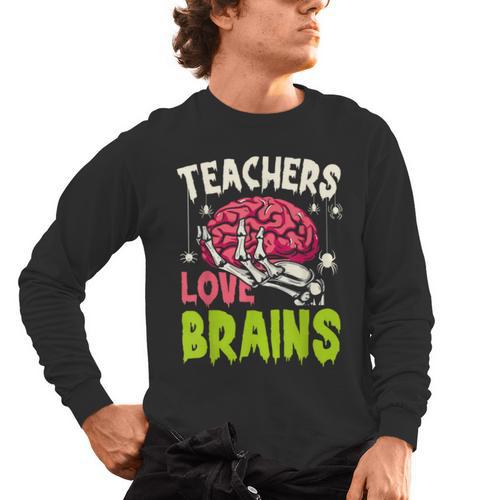 Teachers Love Brains Skeleton Halloween Teacher Funny Men's Long Sleeve T-Shirt - teacherstshirts.com DE