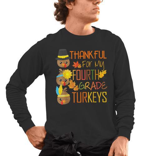 Thankful For My 4th Grade Turkey Thanksgiving Turkey Teacher Men's Long Sleeve T-Shirt - teacherstshirts.com DE