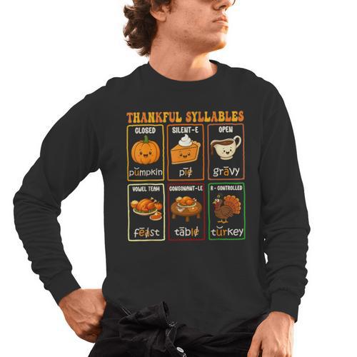 Thankful Syllables Thanksgiving Phonics Reading Teacher Fall Men's Long Sleeve T-Shirt - teacherstshirts.com DE