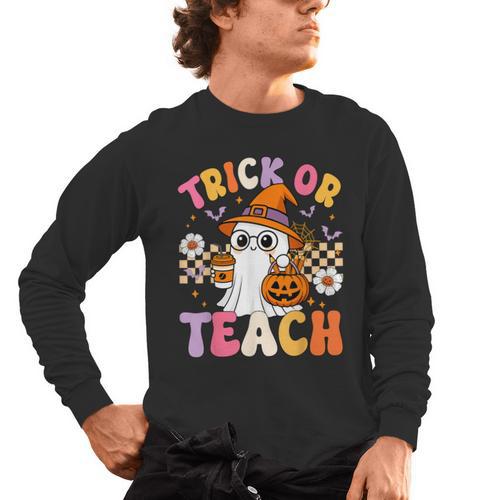Trick Or Teach Cute Ghost Coffee Pumpkins Halloween Teacher Men's Long Sleeve T-Shirt - teacherstshirts.com UK