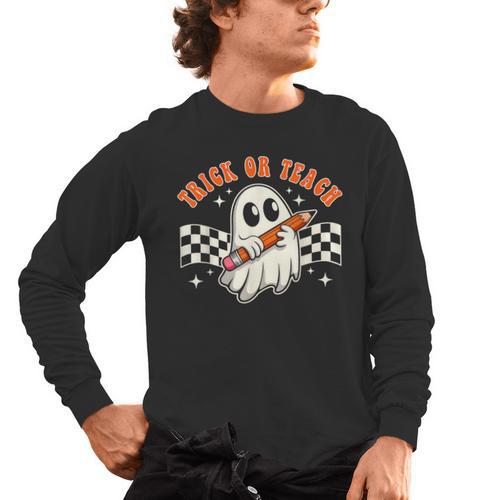 Trick Or Teach Groovy Retro Ghost Halloween Teacher Kids Men's Long Sleeve T-Shirt - teacherstshirts.com DE
