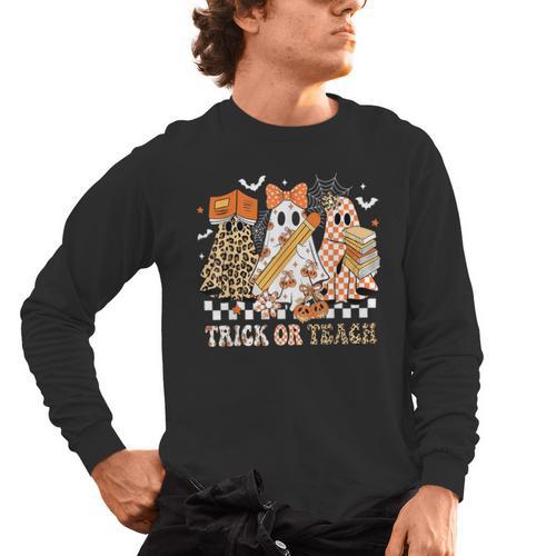 Trick Or Teach Groovy Teacher Halloween Floral Ghost Men's Long Sleeve T-Shirt - teacherstshirts.com AU