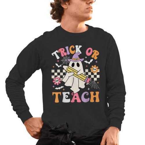 Trick Or Teach Groovy Teacher Halloween Retro Teacher Ghost Men's Long Sleeve T-Shirt - teacherstshirts.com AU