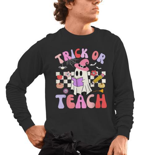 Trick Or Teach Halloween Teacher Floral Ghost Groovy Men's Long Sleeve T-Shirt - teacherstshirts.com DE