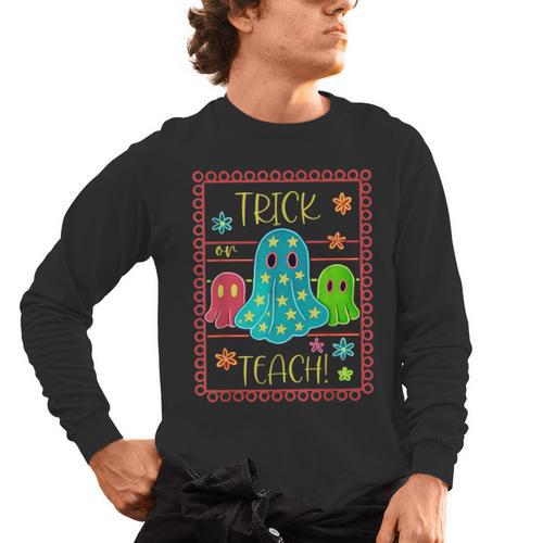 Trick Or Teach Neon Ghost Flower Teacher Spooky Halloween Men's Long Sleeve T-Shirt - teacherstshirts.com DE
