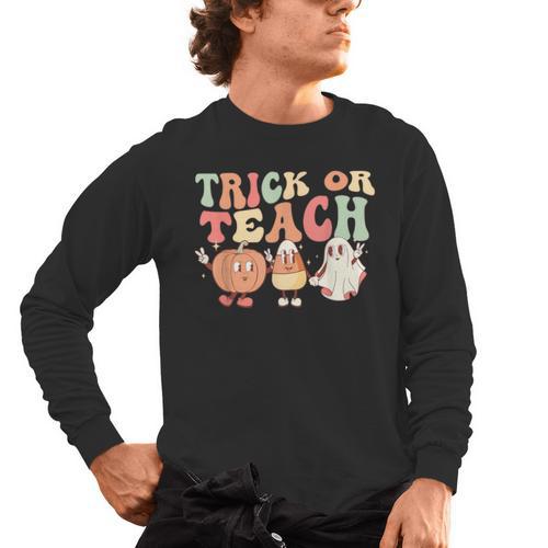 Trick Or Teach Pumpkin Candy Corn Ghost Halloween Teacher Men's Long Sleeve T-Shirt - teacherstshirts.com UK