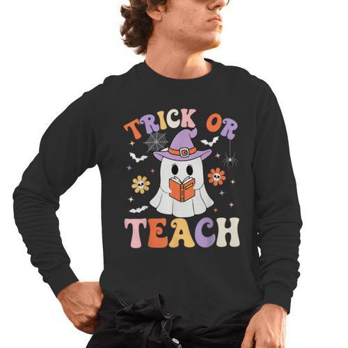Trick Or Teach Teacher Groovy Ghost Halloween Teacher Men's Long Sleeve T-Shirt - teacherstshirts.com UK