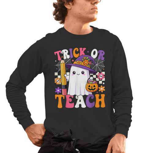 Trick Or Teach Teacher Pencil Ghost Halloween Teacher Men's Long Sleeve T-Shirt - teacherstshirts.com AU