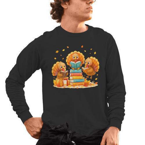 Turkey Read Books Reading Fall Thanksgiving Teacher Men's Long Sleeve T-Shirt - teacherstshirts.com AU