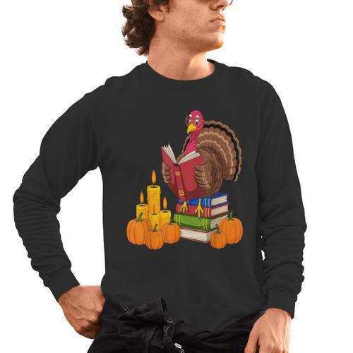 Turkey Reading Books Fall Thanksgiving Teacher Book Men's Long Sleeve T-Shirt - teacherstshirts.com AU