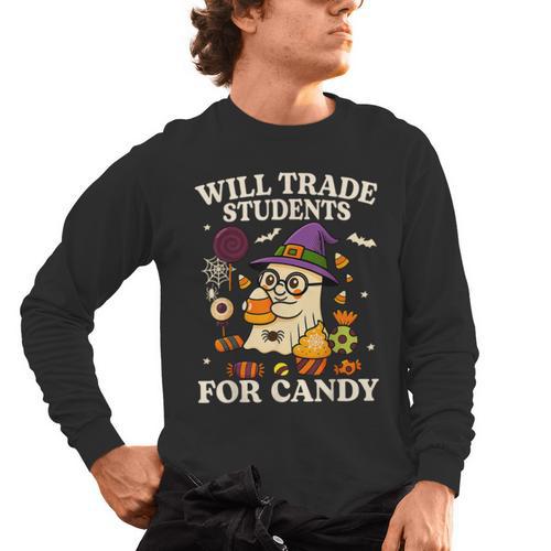 Will Trade Students For Candy Teacher Ghost Halloween Men's Long Sleeve T-Shirt - teacherstshirts.com AU