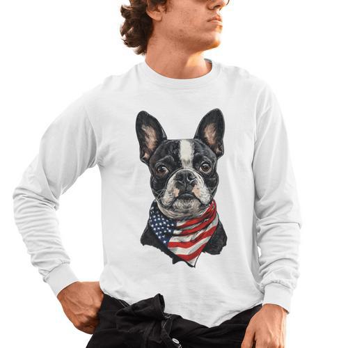 Boston Terrier American Flag Men's Long Sleeve T-Shirt - Bostonterriersmerch.com