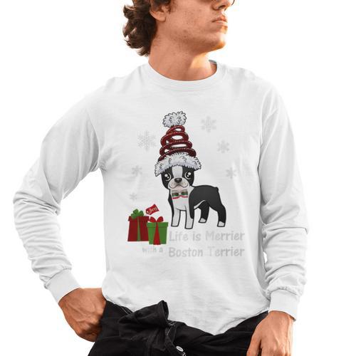 Boston Terrier Christmas T Shirt-Life Is Merrier Premium Tri-Blend Men's Long Sleeve T-Shirt - Bostonterriersmerch.com