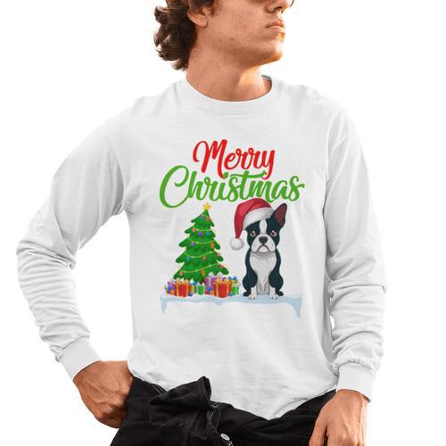 Boston Terrier Christmas Tree Lights Xmas Dog Lover Men's Long Sleeve T-Shirt - Bostonterriersmerch.com