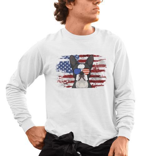 Boston Terrier Dad American Flag 4th Of July Dog Fathers Day Men's Long Sleeve T-Shirt - Bostonterriersmerch.com
