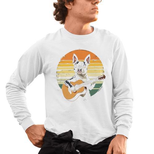 Boston Terrier Guitar Retro Men's Long Sleeve T-Shirt - Bostonterriersmerch.com