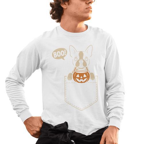 Boston Terrier Halloween Cute Bostie Dog Pocket Boo Men's Long Sleeve T-Shirt - Bostonterriersmerch.com AU