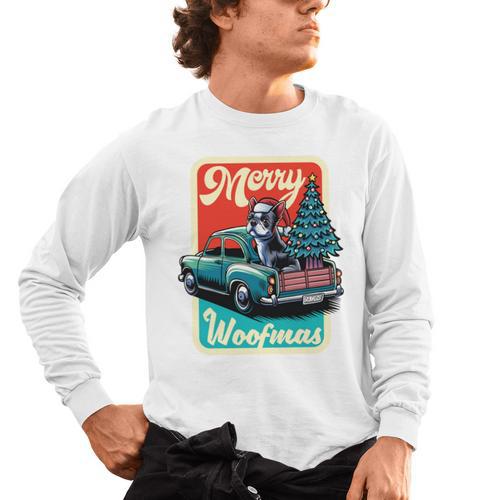 Boston Terrier Merry Christmas Tree Truck Santa Dog X-Mas Men's Long Sleeve T-Shirt - Bostonterriersmerch.com