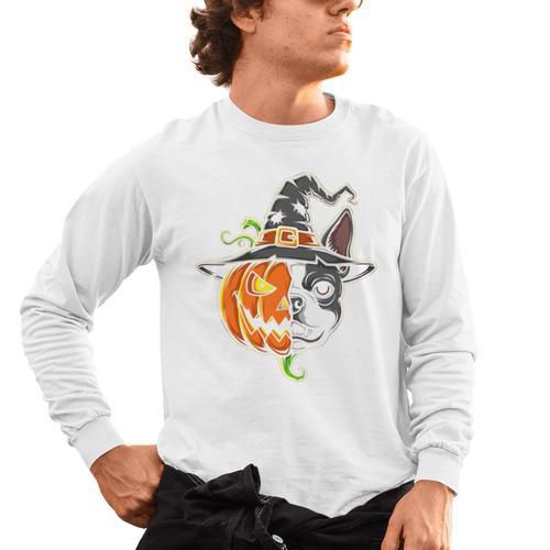 Boston Terrier Pumpkin Jack O Lantern Halloween Men's Long Sleeve T-Shirt - Bostonterriersmerch.com AU