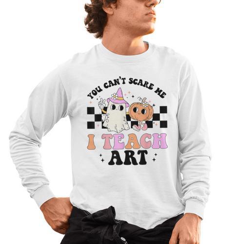 You Can't Scare Me I Teach Art Retro Teacher Ghost Halloween Men's Long Sleeve T-Shirt - teacherstshirts.com UK