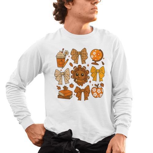 Coquette Teach Teacher Bows Thanksgiving Turkey Fall Autumn Men's Long Sleeve T-Shirt - teacherstshirts.com AU
