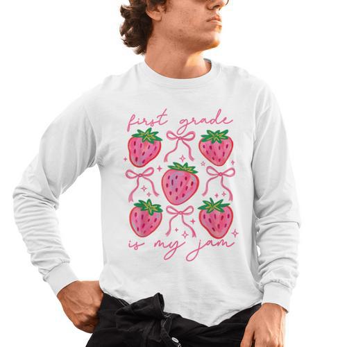 First Grade Is My Jam Strawberry First Grade Teacher Women Men's Long Sleeve T-Shirt - teacherstshirts.com AU