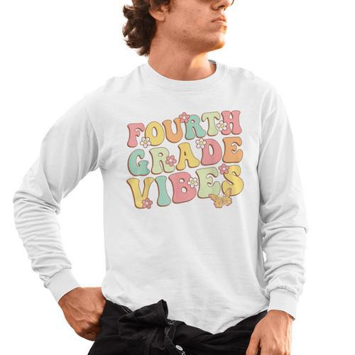 Fourth Grade Vibes Hello Team 4th Grade Teacher Kids Retro Men's Long Sleeve T-Shirt - teacherstshirts.com