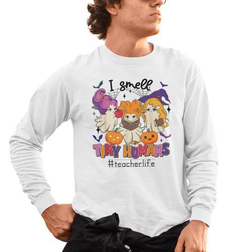 Halloween Teacher Smell a Tiny Human Ghost Spooky Season Men's Long Sleeve T-Shirt - teacherstshirts.com DE