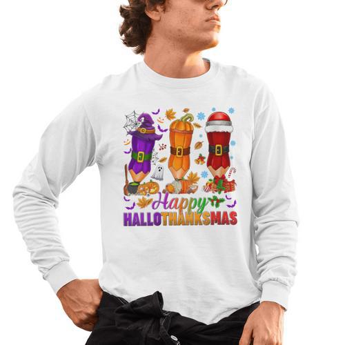 Happy Hallothanksmas Halloween Thanksgiving Pencils Teachers Men's Long Sleeve T-Shirt - teacherstshirts.com AU