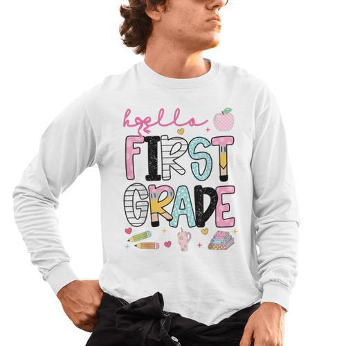 Hello First Grade Teacher Coquette Pencil Bow Back To School Men's Long Sleeve T-Shirt - teacherstshirts.com UK