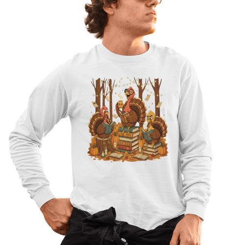Librarian Turkey Reading Book Fall Thanksgiving Teacher Book Men's Long Sleeve T-Shirt - teacherstshirts.com AU