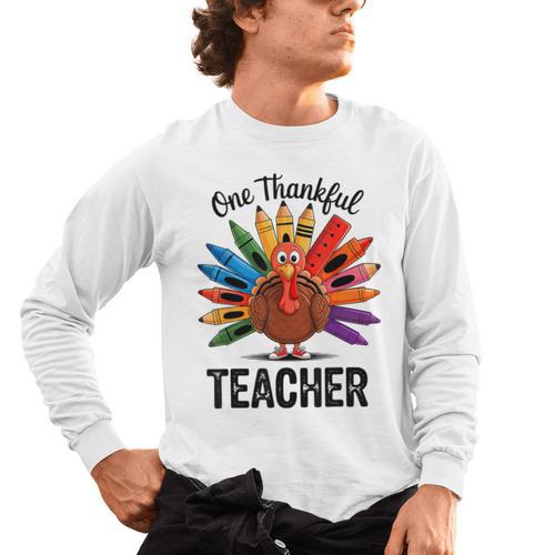 One Thankful Teacher Thanksgiving TurkeyCute Pencil Men's Long Sleeve T-Shirt - teacherstshirts.com DE