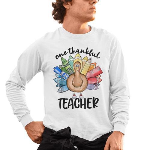 One Thankful Teacher Turkey Pencil Thanksgiving Teachers Men's Long Sleeve T-Shirt - teacherstshirts.com DE